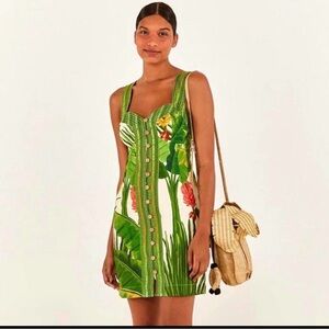 FARM Rio XS Fresh Forest Scarf Sweetheart Mini Dress 100% Linen